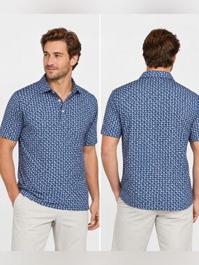 Donald Ross Navy & White Micro-Print Polo (islands and waves) NWT